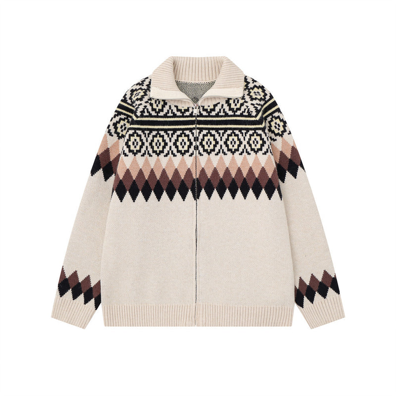 Men's Ethnic Jacquard Zip-Up Knit Cardigan Sweater – Argyle & Floral Pattern