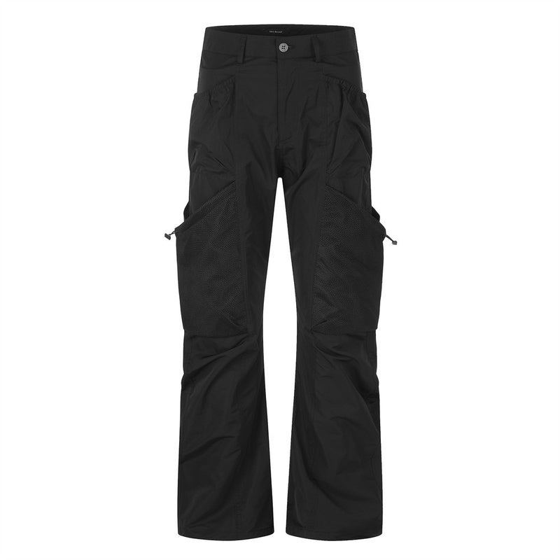 Men's Black Cargo Utility Pants with Mesh Panels & Wide-Leg Silhouette