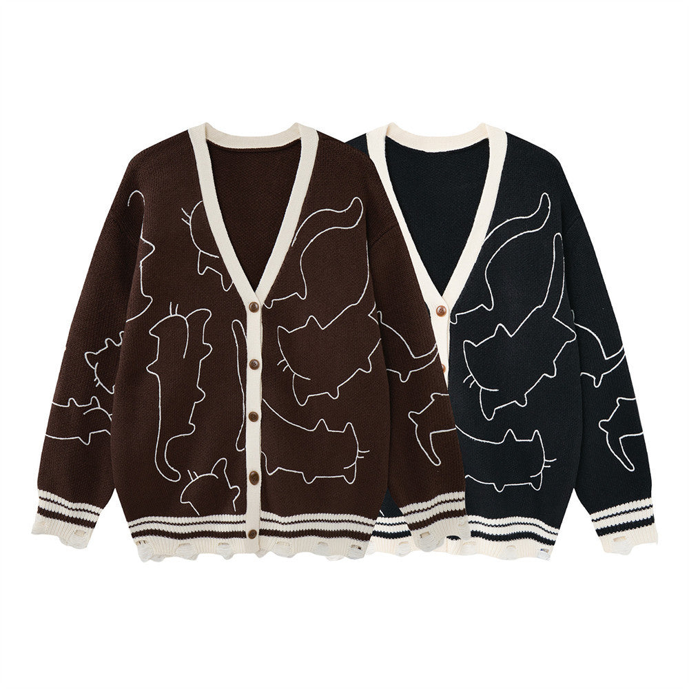 Gilet cardigan en maille motif contour de chat – Col V oversize boutonné avec finition effilochée