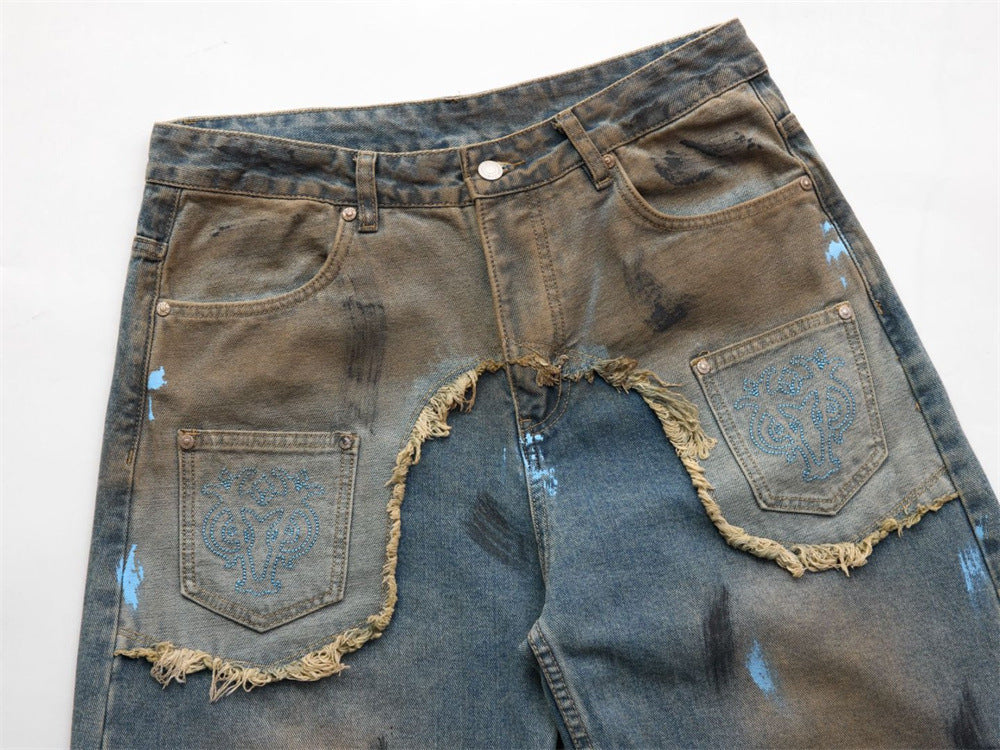 Baggy Jeans with Paint Splatter Patchwork & Distressed Raw-Edge Detail