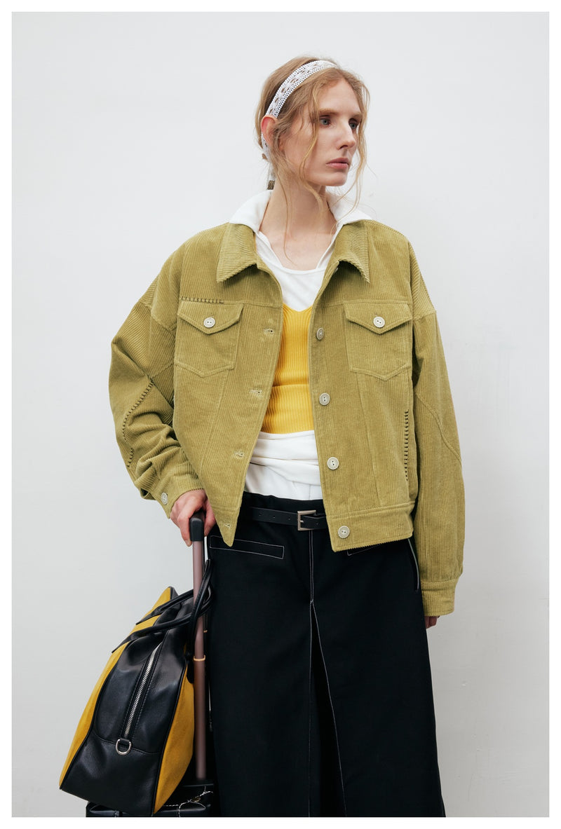 Corduroy Trucker Jacket — Oversized Fit, Floral-Lined, Olive Green