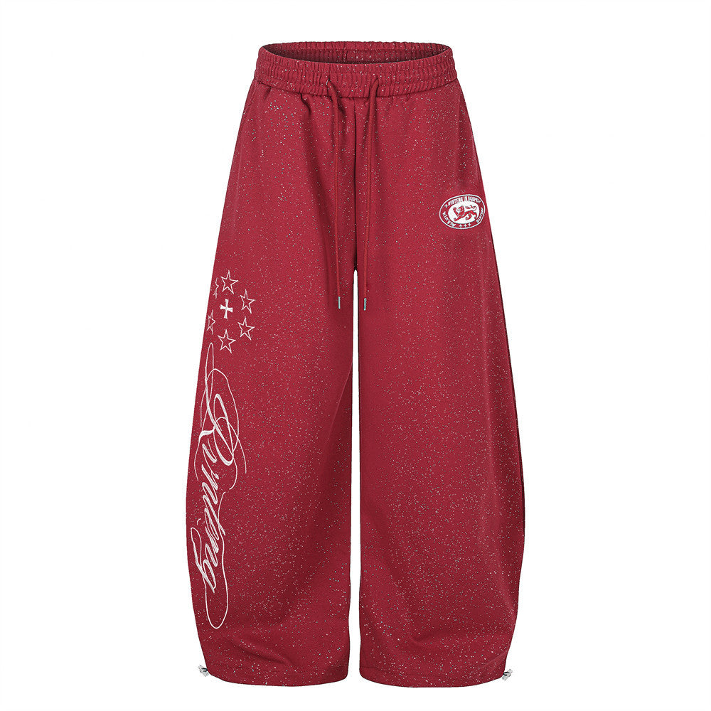 Baggy Track Pants Mens Wide-Leg Star Graphic Sweatpants with Glitter Fabric