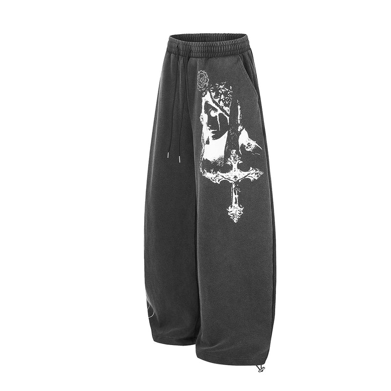 Pantalon de survêtement baggy wide leg avec imprimé gothique Madonna et typographie – Streetwear délavé