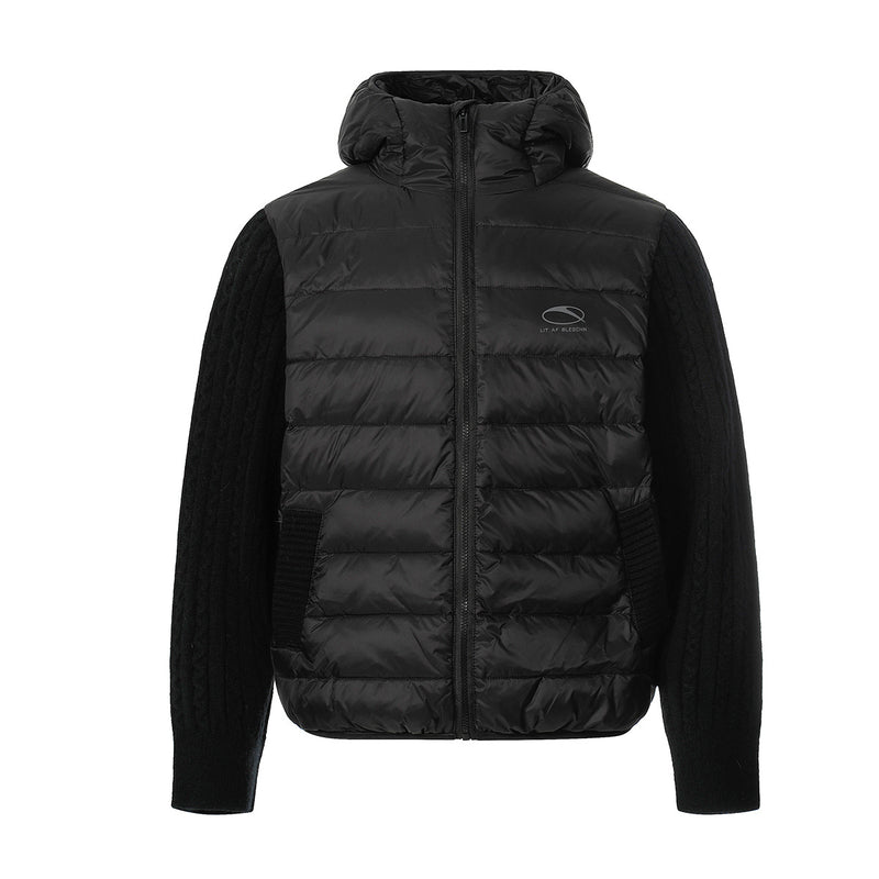 Hooded Puffer Vest Cable-Knit Sleeve Down Jacket – Retro Spliced Outerwear