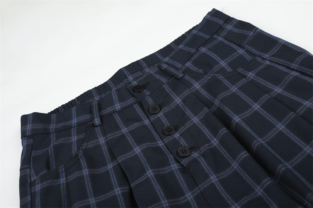 Wide-Leg Plaid Trousers – Men's High-Street Button-Fly Straight Pants