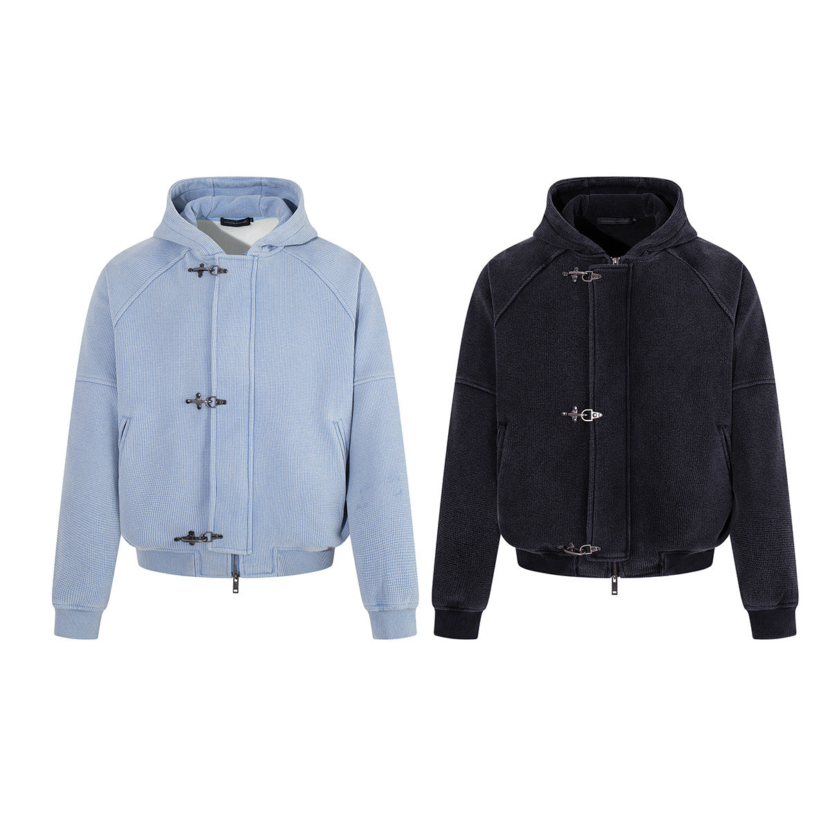 Hooded-Bomberjacke aus Waffelstrick mit Washed-Finish und Metallverschlüssen
