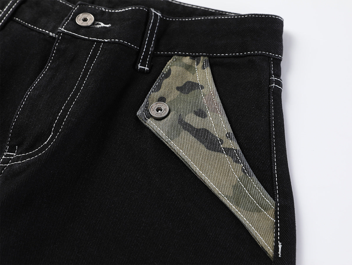 カモパッチワーク＆スクリプト刺繍付き ブラックバギーワイドレッグジーンズ