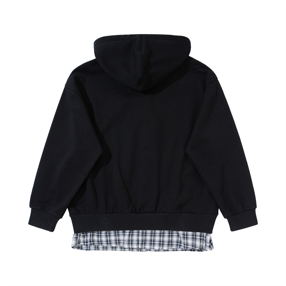 Men's Full Zip Hoodie with Faux Layered Plaid Shirt Insert, Oversized Streetwear