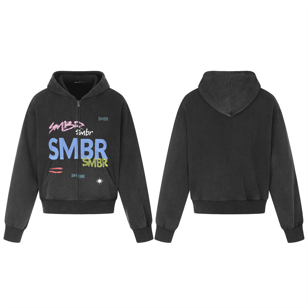 SMBR-Graffiti-Logo-Zip-Hoodie in gewaschenem Dunkelgrau, Vorder- und Rückansicht