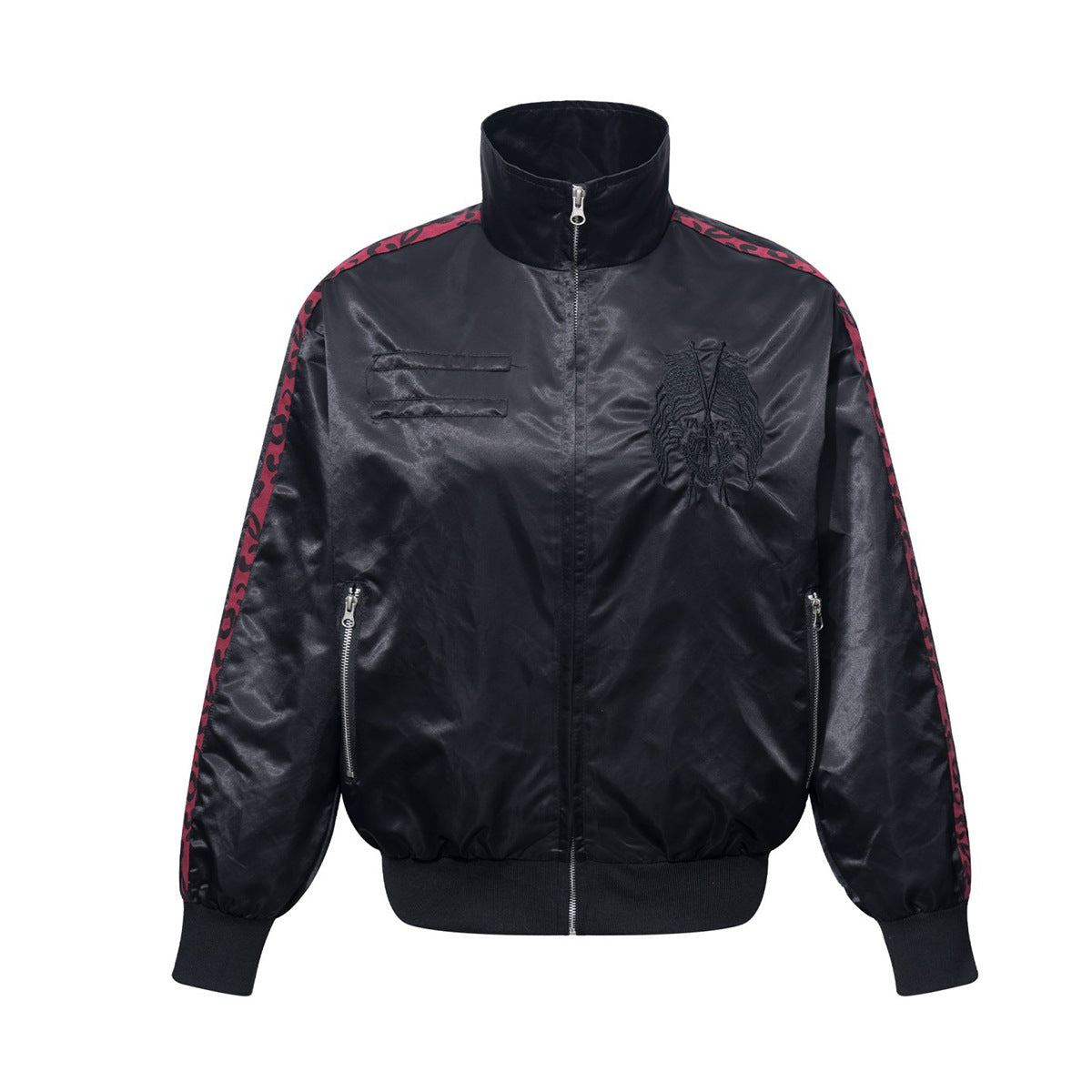 Blouson bomber satiné brodé à col montant et bandes léopard