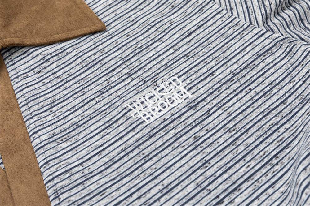 Striped Half-Zip Polo Sweatshirt with Suede Collar & Cuffs