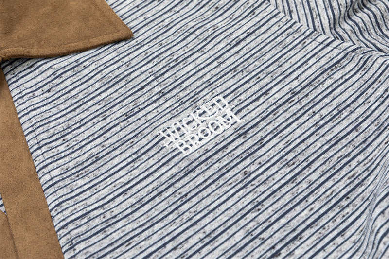 Striped Half-Zip Polo Sweatshirt with Suede Collar & Cuffs