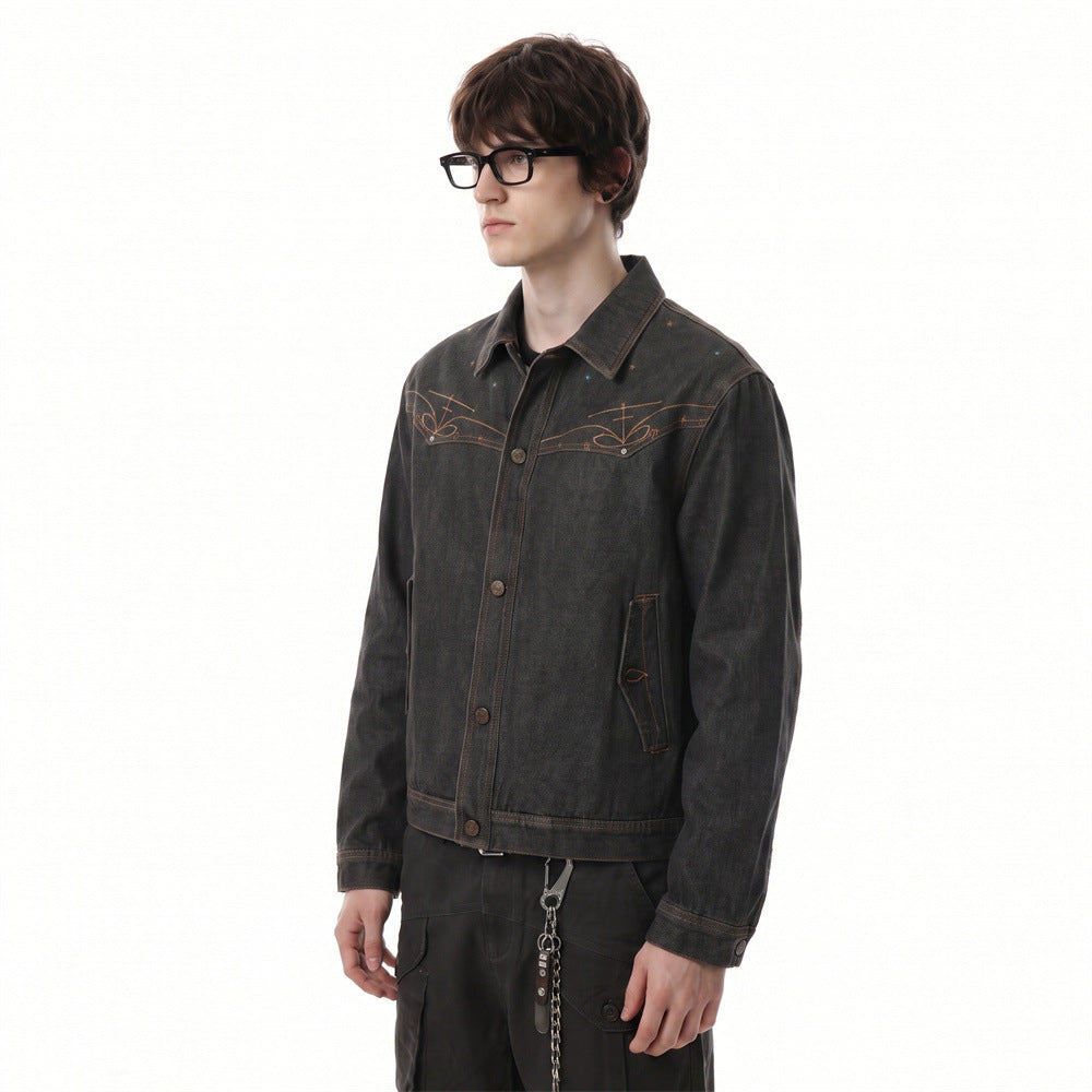 Black Denim Jacket with Embroidered Stitch Detail and Studded Accents