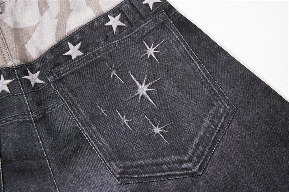 Wide-Leg Distressed Jeans with Faux Double Waistband & Star Detail