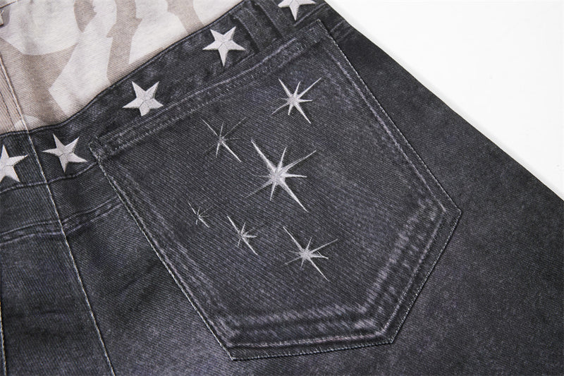 Wide-Leg Distressed Jeans with Faux Double Waistband & Star Detail