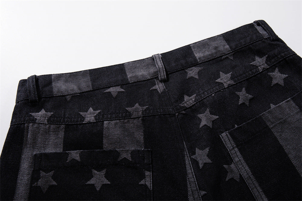 Wide-Leg Jeans with Stars & Stripes Print – Distressed Black Denim