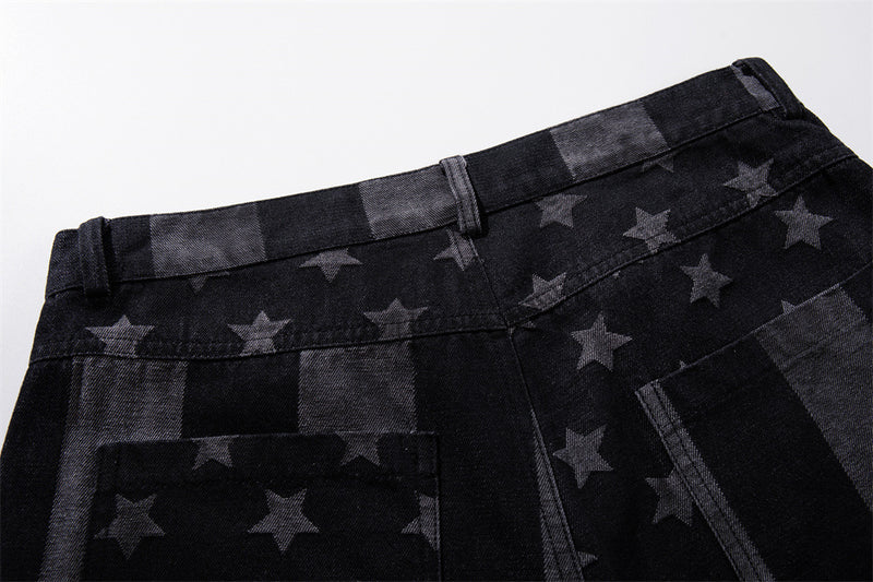 Wide-Leg Jeans with Stars & Stripes Print – Distressed Black Denim