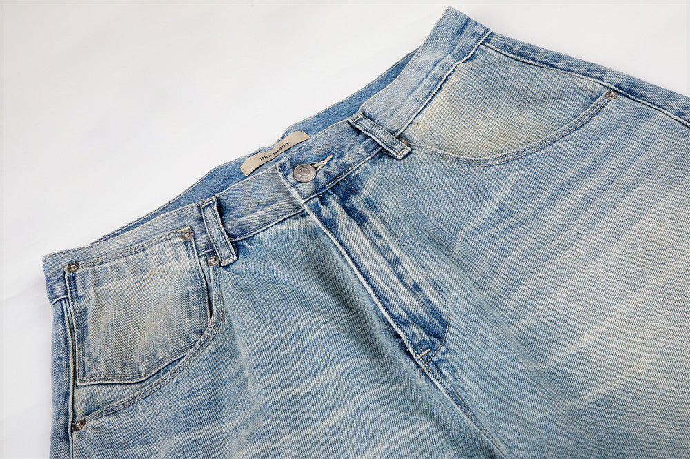 Barrel Leg Jeans Vintage Washed Wide-Leg Denim Pants with Pocket Detail