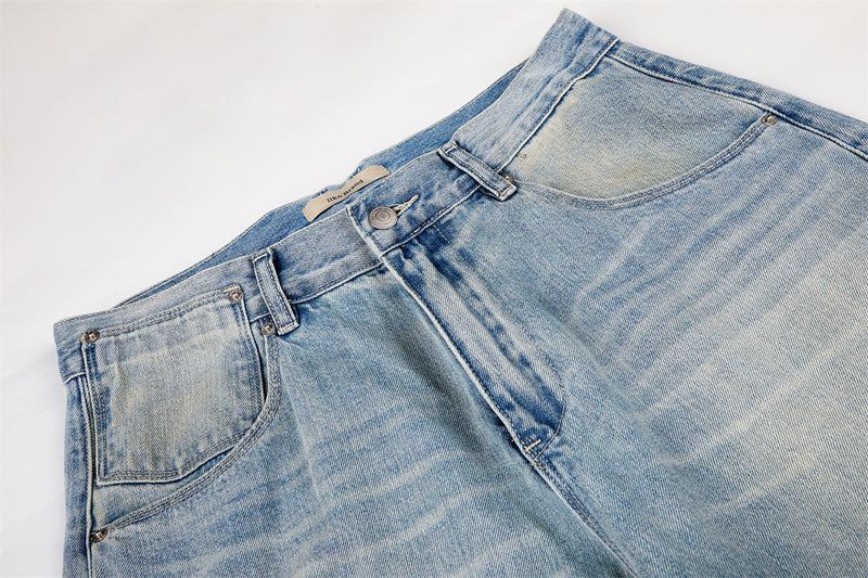 Barrel Leg Jeans Vintage Washed Wide-Leg Denim Pants with Pocket Detail
