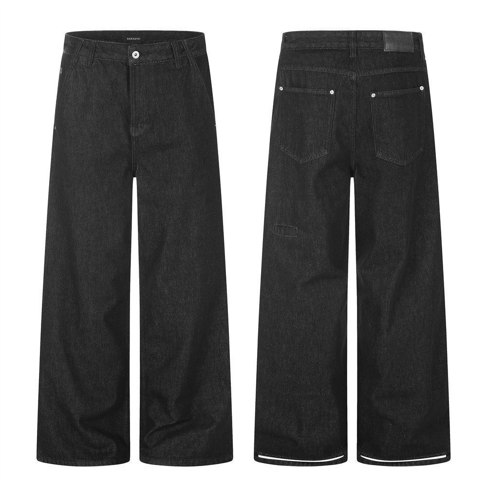Men's black wide-leg raw denim jeans with relaxed straight fit, shown front and back view