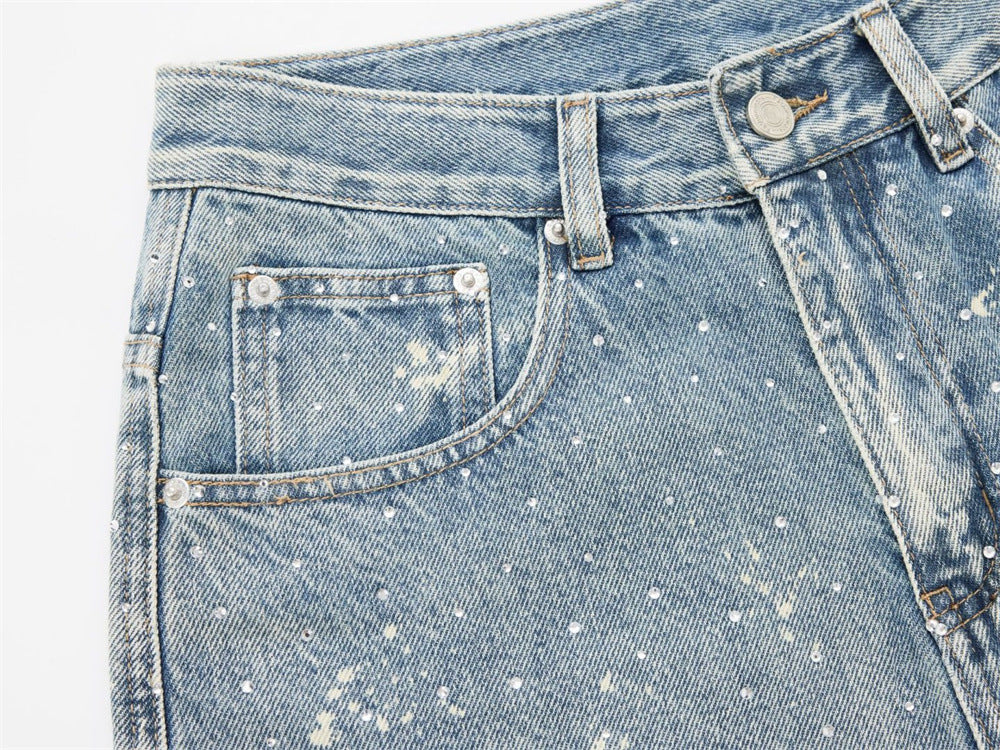 Wide-Leg Paint Splatter Jeans – Men's High-Street Light Blue Washed Denim