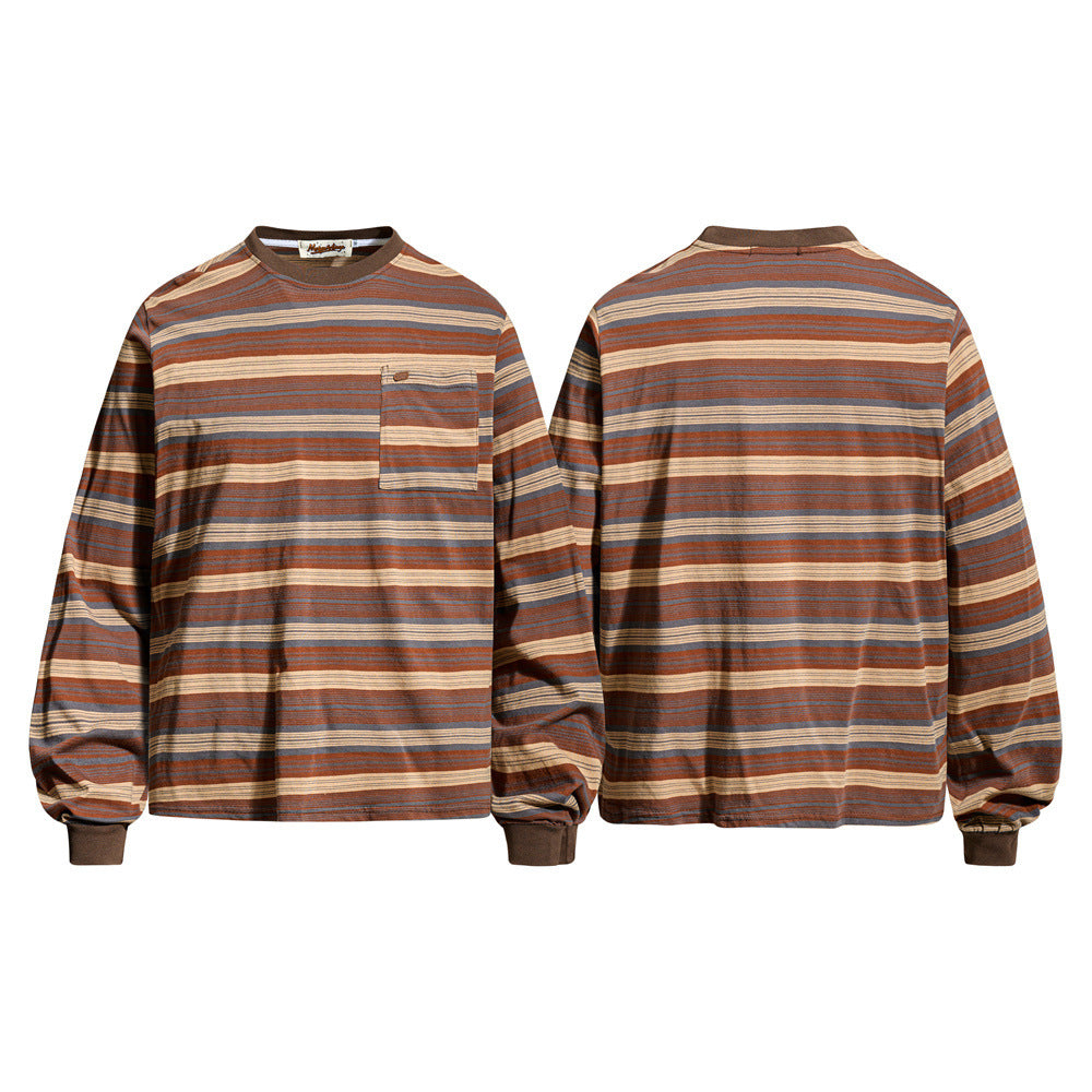 Striped long sleeve crewneck shirt in brown, rust, gray and cream, front and back views