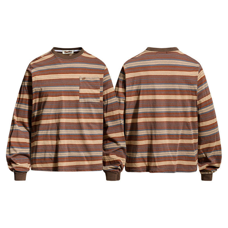 Striped long sleeve crewneck shirt in brown, rust, gray and cream, front and back views