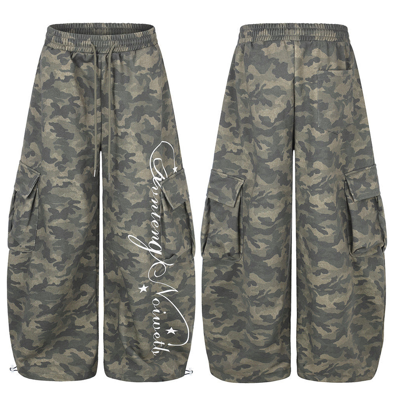 Men's Cargo Camo Pants Wide-Leg Baggy Fit with Script Print & Multi-Pocket