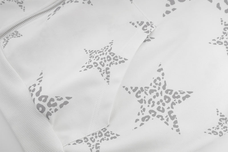 Sweat à capuche zippé blanc à imprimé étoiles léopard et bandes latérales