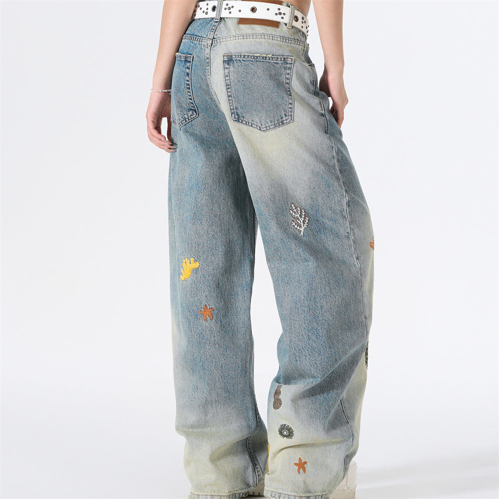 Wide-Leg Jeans with Ocean Embroidery & Gradient Wash