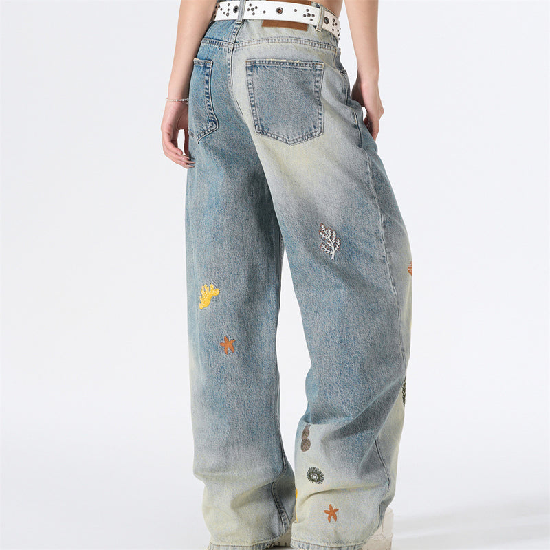 Wide-Leg Jeans with Ocean Embroidery & Gradient Wash