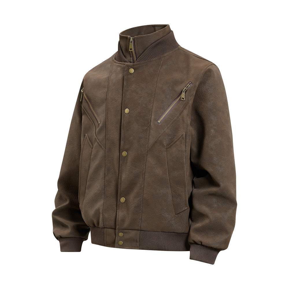 Vintage Leather Bomber Jacket – Men's Oversized PU Leather Baseball Jacket with