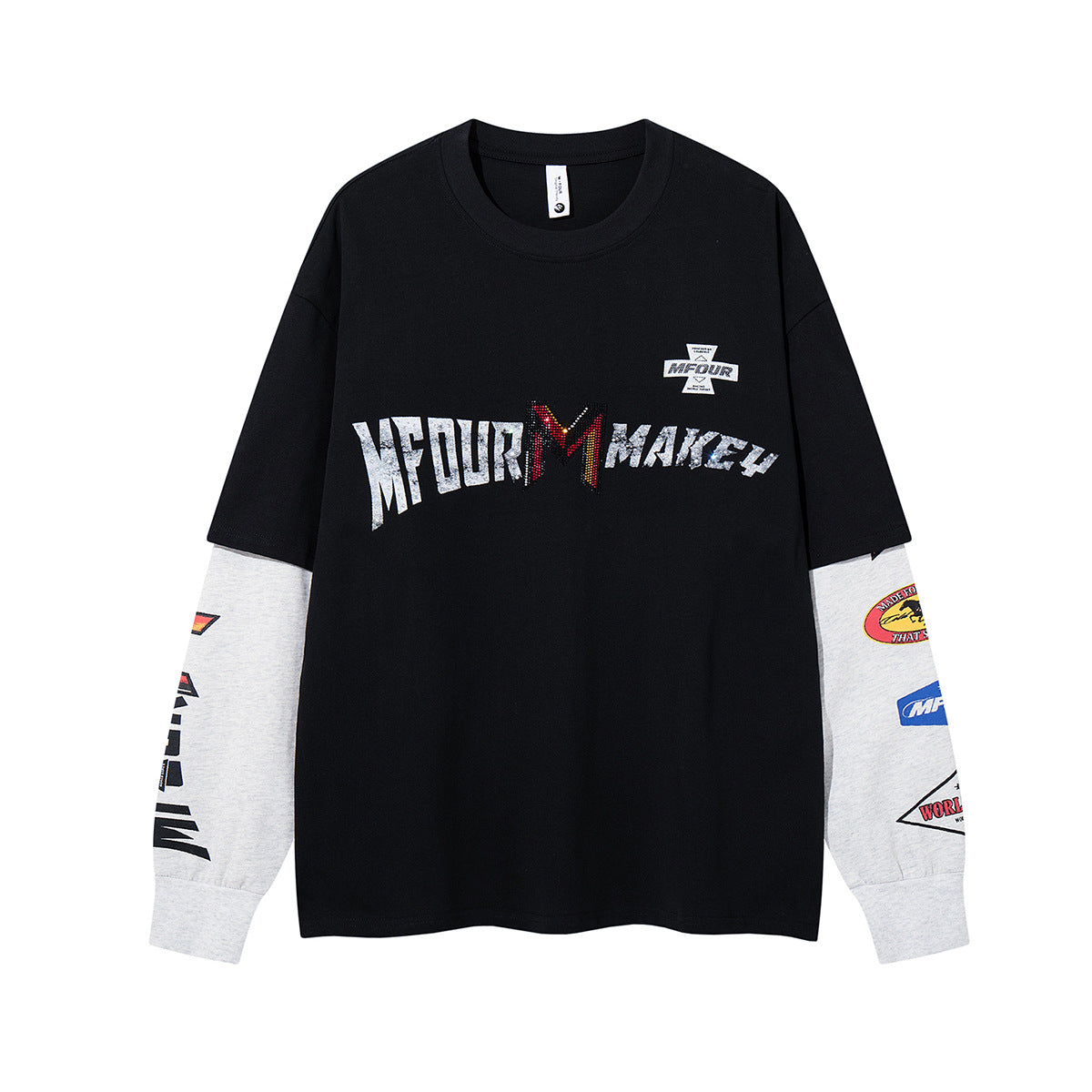 Chemise graphique MFOUR MAKEY à manches longues effet superposé, imprimés écussons de course sur les manches, noir et gris chiné