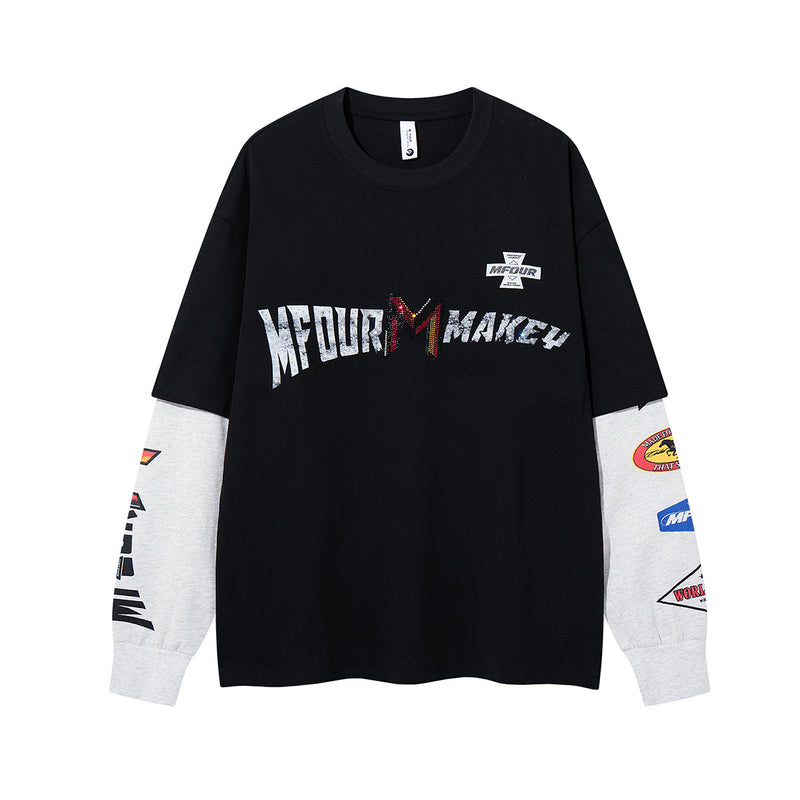 Chemise graphique MFOUR MAKEY à manches longues effet superposé, imprimés écussons de course sur les manches, noir et gris chiné