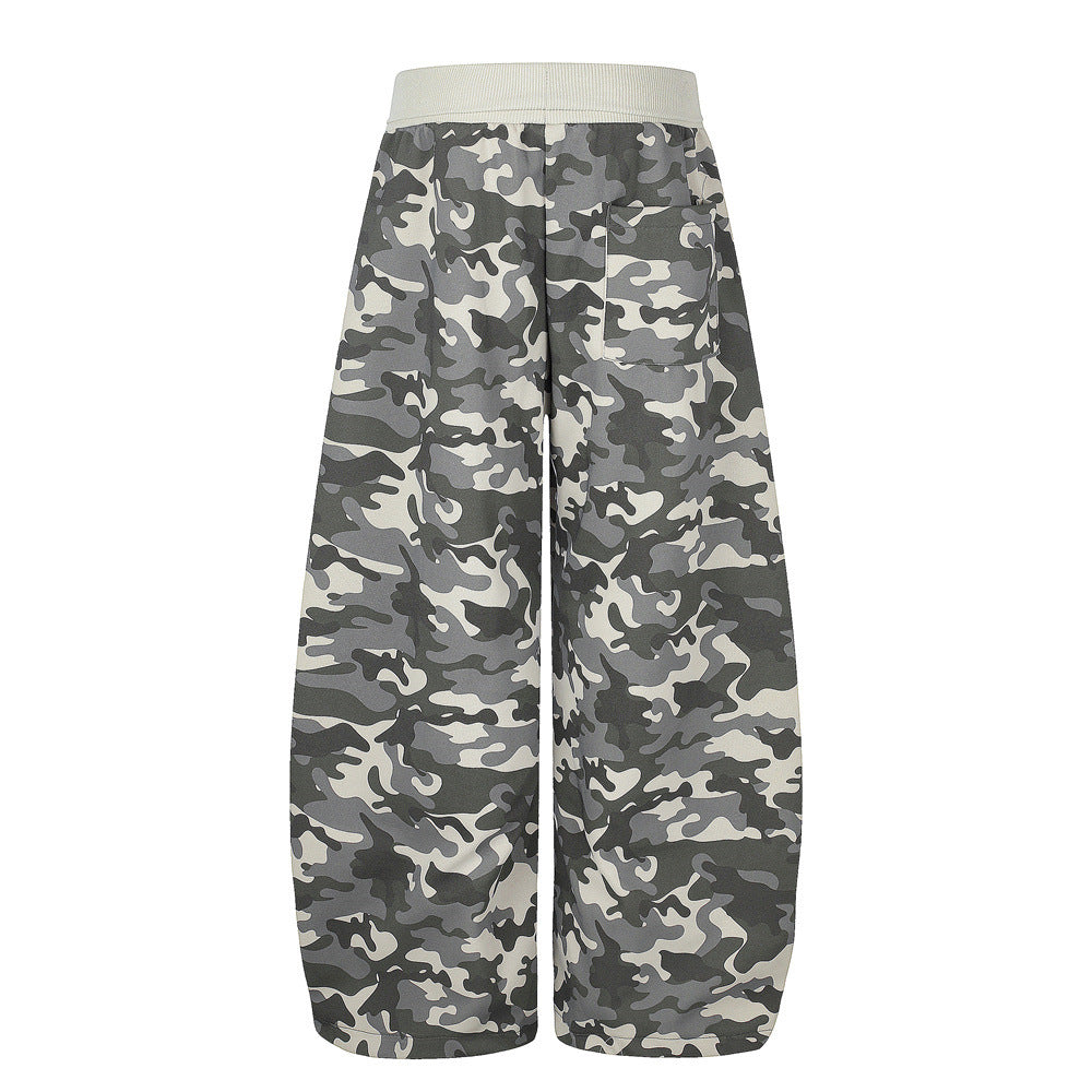 Men's Relaxed Fit Camo Wide-Leg Pants with Elastic Waistband & Ruched Hem