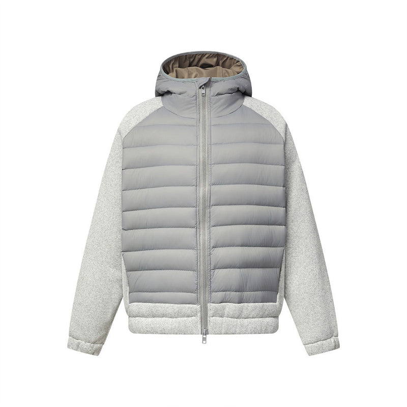 Graue Herren-Hybridjacke mit Kapuze, Reißverschluss und Steppoptik – Strickärmel
