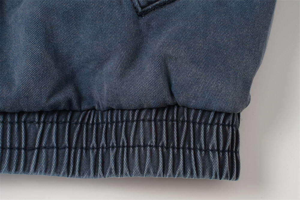 Blouson bomber en jean délavé – Col tissé en PU et coutures déconstruites