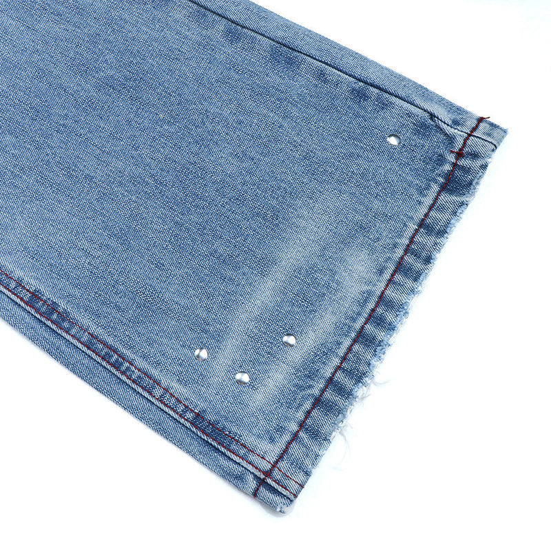 Men's Distressed Flare Jeans – Light Blue Washed Denim with Plaid Patch Detail