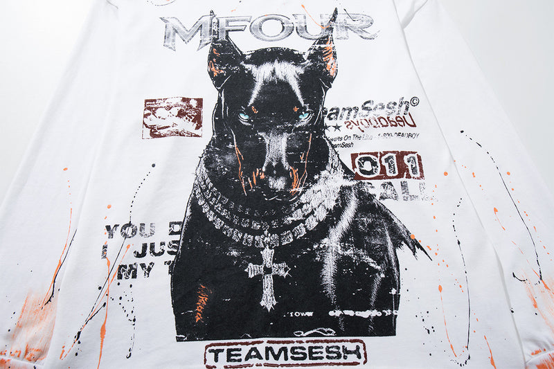 MFOUR Doberman Graphic Long Sleeve Shirt – Streetwear Paint Splatter Tee