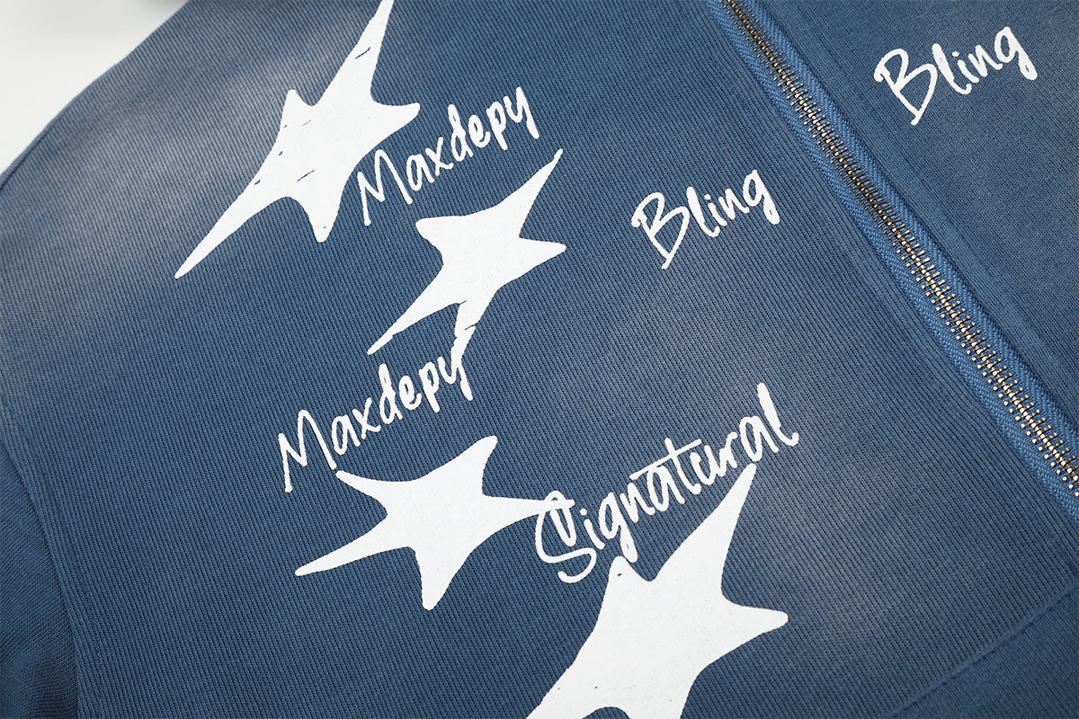 Sudadera Lavada con Cremallera y Estampado de Estrellas — Streetwear Vintage Azul Extragrande