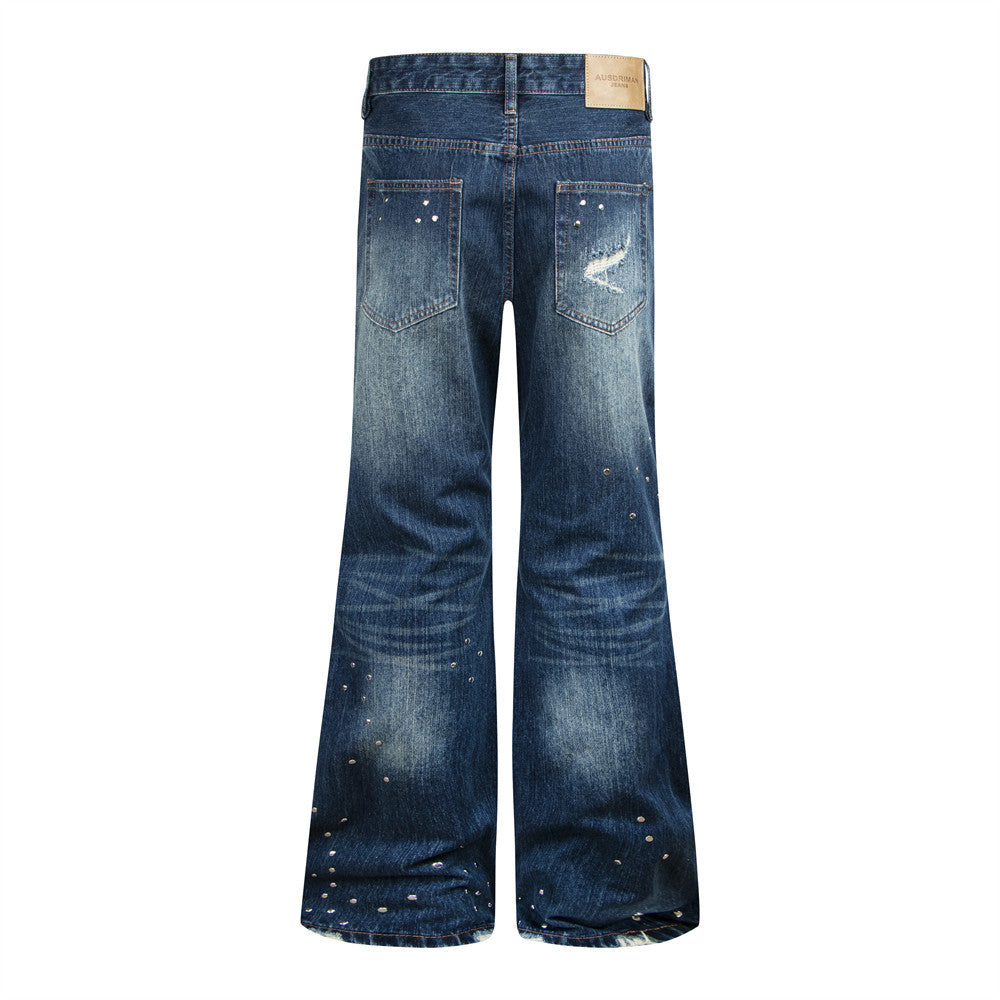 Herren-Bootcut-Jeans im Distressed-Look mit Nieten – Dunkelblauer Flare-Denim mit Karomuster