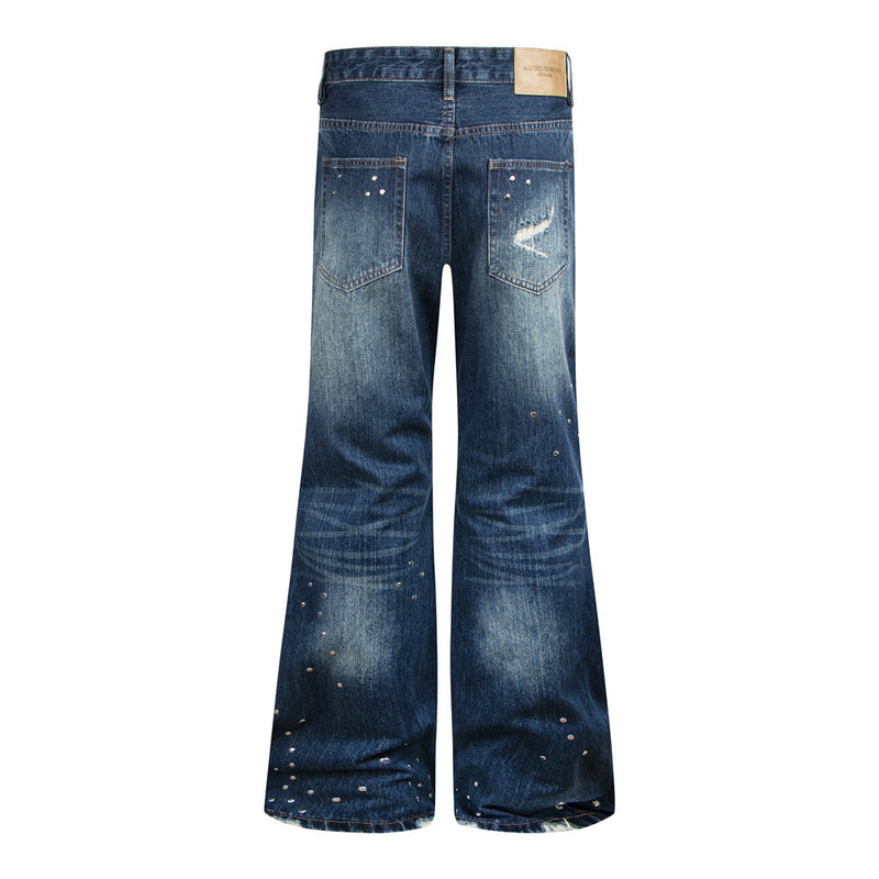 Herren-Bootcut-Jeans im Distressed-Look mit Nieten – Dunkelblauer Flare-Denim mit Karomuster