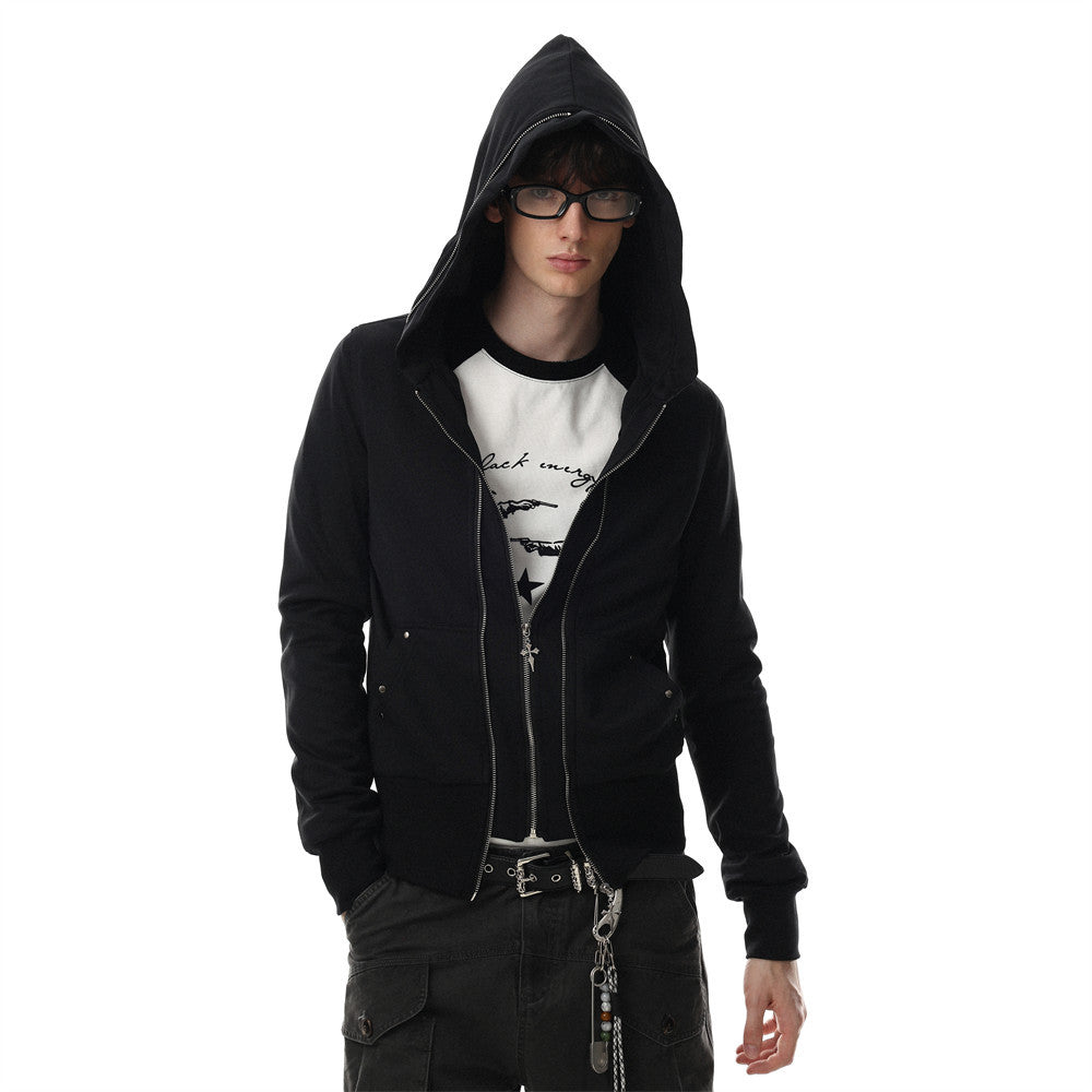 Black zip-up hoodie jacket worn open with hood up and silver zipper details
