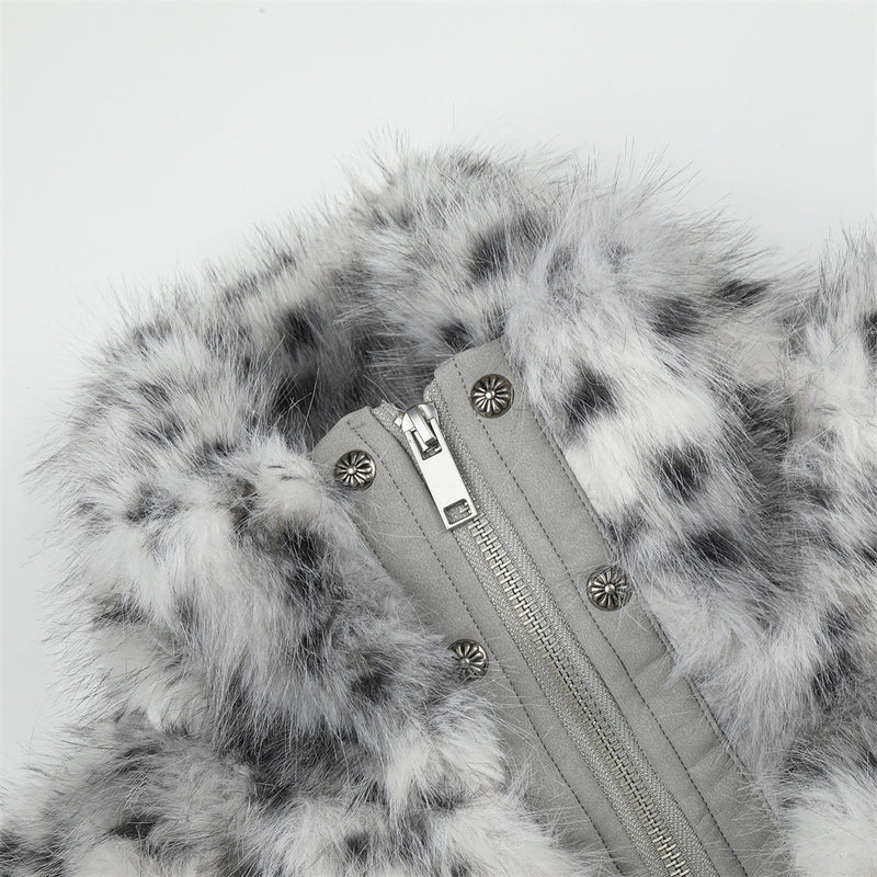 Faux Fur Leopard Print Bomber Jacket – Men's Oversized High-Collar Winter Coat