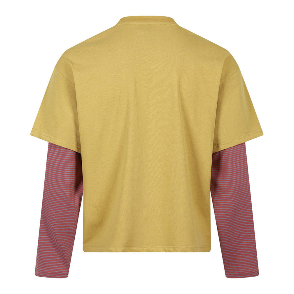 Layered-Look Graphic Long Sleeve Tee with Striped Contrast Sleeves