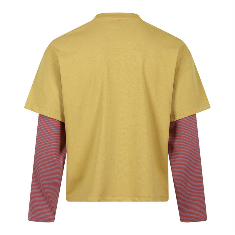 Layered-Look Graphic Long Sleeve Tee with Striped Contrast Sleeves