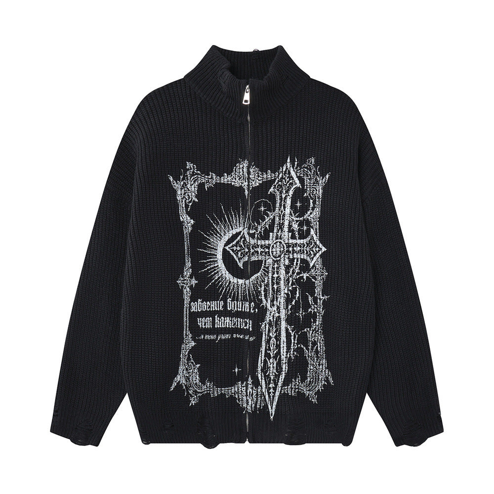 Gothic Cross Print Zip-Up Knit Cardigan Sweater – Distressed Mock Neck Men's