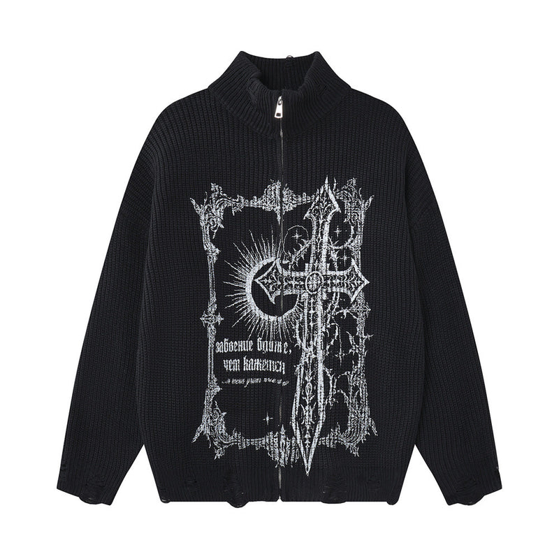 Gothic Cross Print Zip-Up Knit Cardigan Sweater – Distressed Mock Neck Men's
