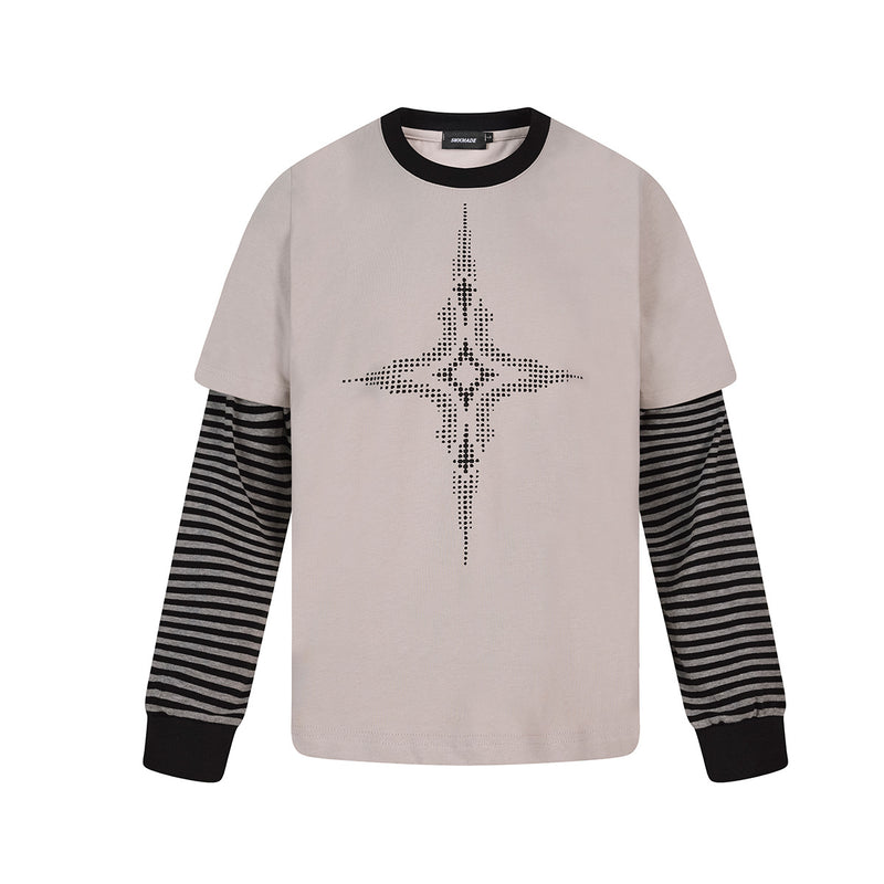 SMKMADE faux two-piece long sleeve tee with halftone star graphic and black-grey striped sleeves in beige colorway
