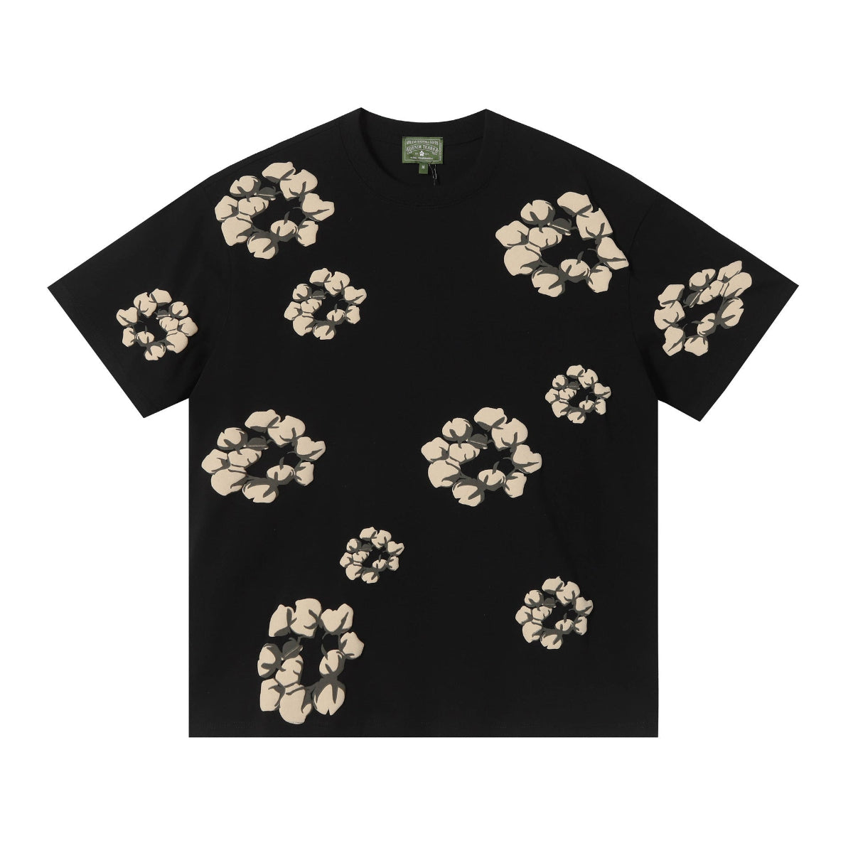 Denim Tears black T-shirt with allover beige cotton wreath graphic print on front and sleeves